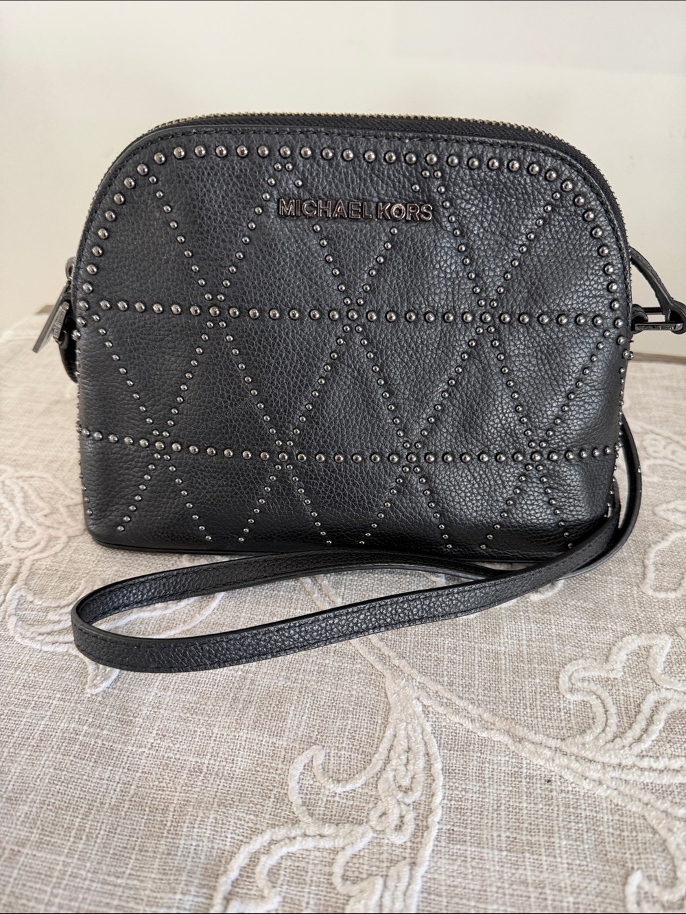 Michael Kors Adele Black Studded Dome Pebble Leather Crossbody